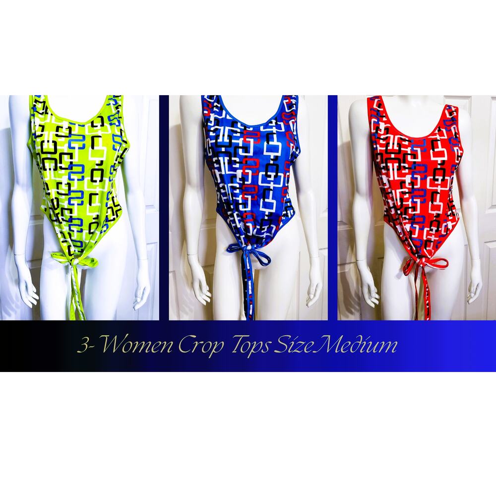 Tops (3) Red Women Crop Top with Blue‎ S's Black & white O's Tie in Front